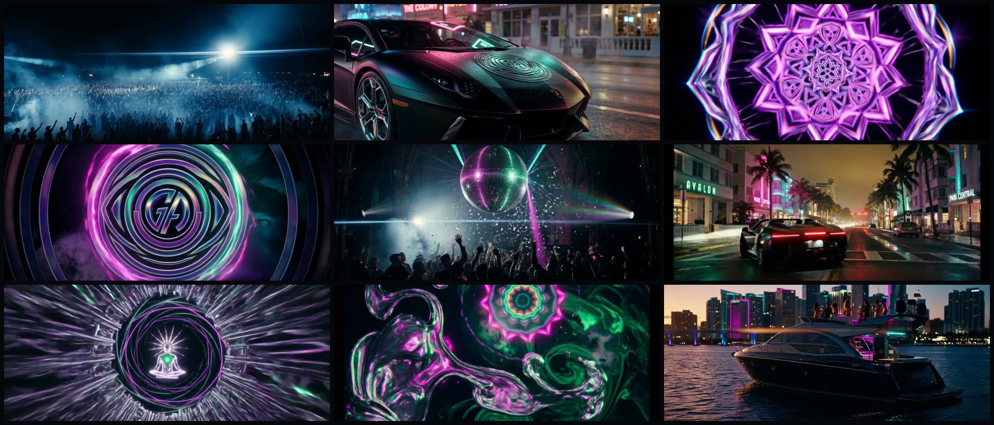 Nine frames from the George Acosta VJ loop pack: crowd, Ocean Drive, the Trip Iris logo, disco ball, kaleidoscopes and a yacht at dusk