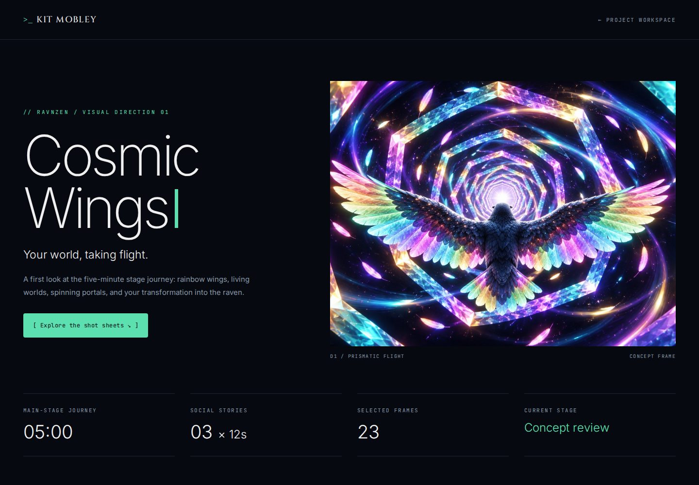 The RavnZen Cosmic Wings preview in the Kit Mobley client portal, showing a rainbow-winged raven in a crystal tunnel