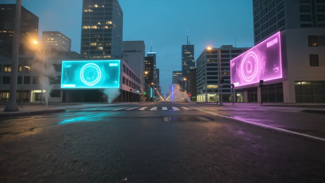 Cinematic cyberpunk city street ambient — drone POV through neon-lit rain-soaked skyline
