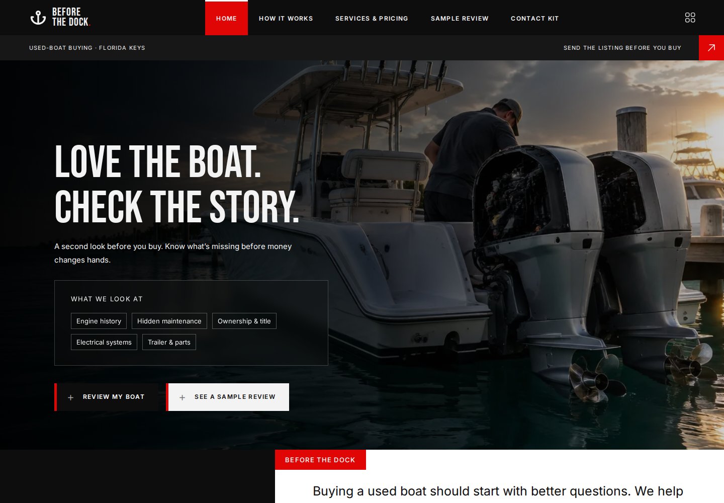 Before the Dock homepage, a used-boat listing review platform with bold white typography, marine imagery, and a buyer intake call to action