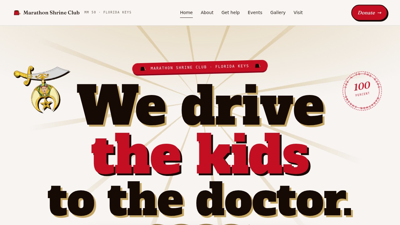 Marathon Shriners homepage — century-old Florida Keys Shrine club driving sick kids to children's hospitals free of charge, with a one-tap Zeffy donation flow
