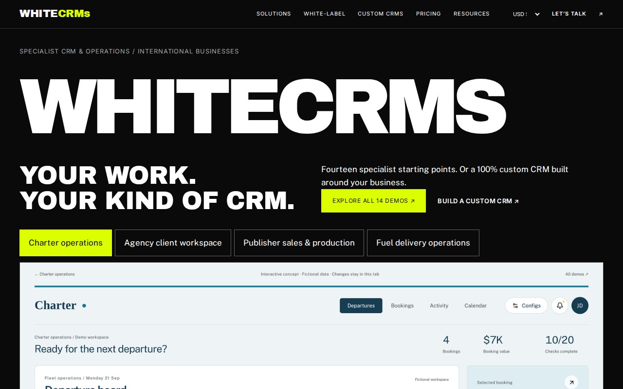 WhiteCRMs, Specialist CRM Software Storefront, Fourteen specialist CRM workflows, each with its own live interactive demo, sold white-label or fully custom from a 65-page Astro storefront that shipped audit-clean in two days.